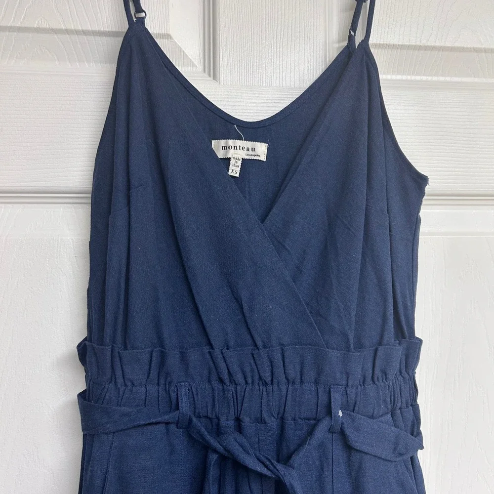 Monteau Womens XS Jumpsuit Navy Blue Sleeveless Wide Leg‎ Belted Romper NWOT